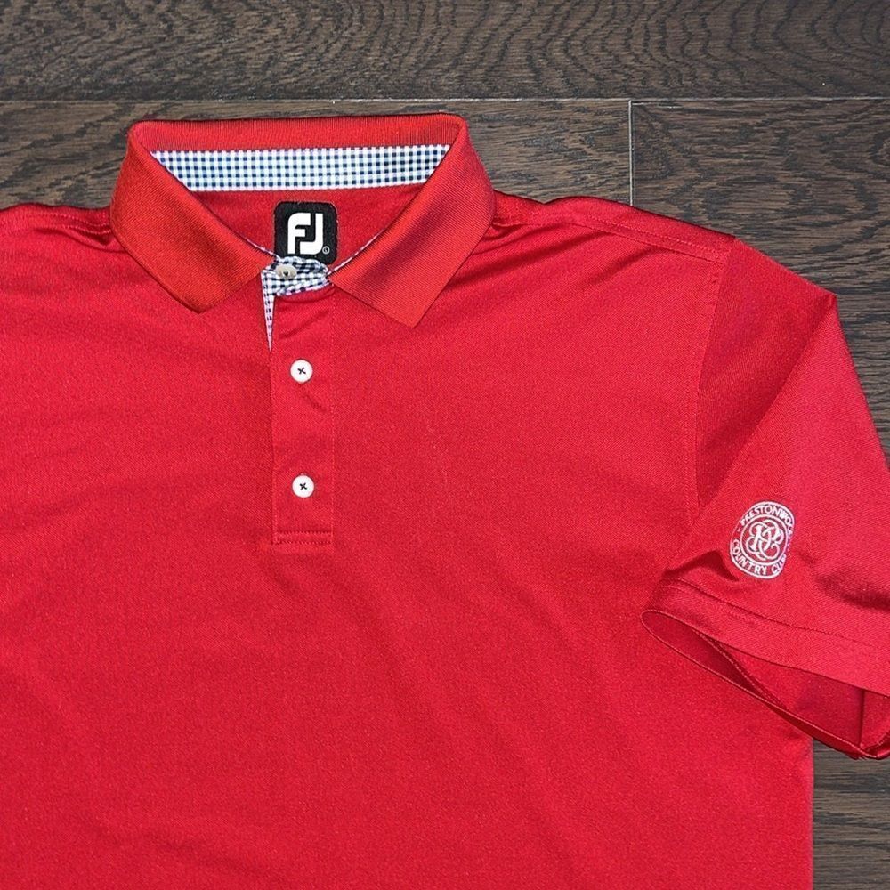 Footjoy FJ Prestonwood Raleigh NC Sunday Red W/gingham trim golf polo shirt L